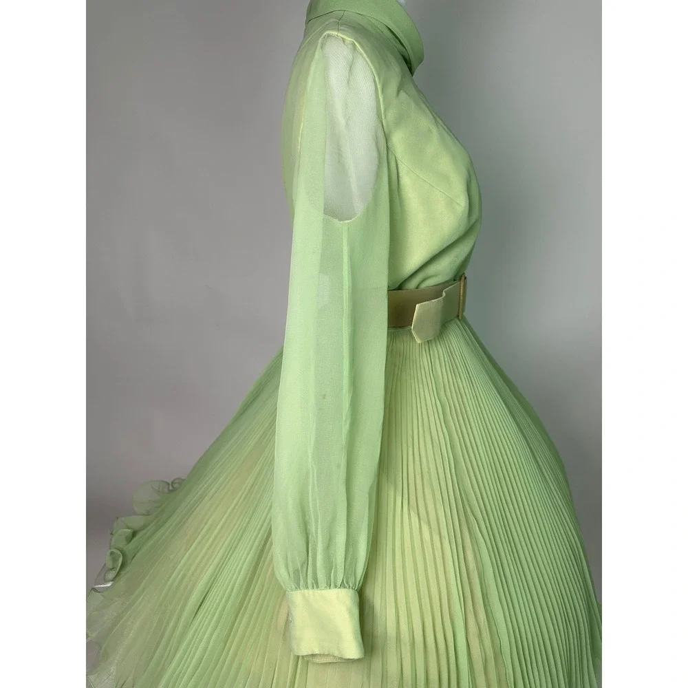 Vintage 70s Jack Bryan Pastel Green Chiffon‎ Pleated Midi Dress Mock Neck Belted